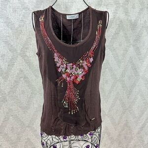 Crocodile ladies 100 chocolate brown knit beaded sequin scoop neck tank size S